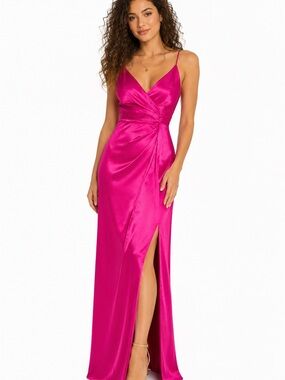 Fashion Nova Hot Pink Satin Wrap Maxi Dress with Side Slit